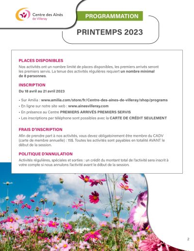 Programmation PRINTEMPS 2023 - Centre des aînés de Villeray
